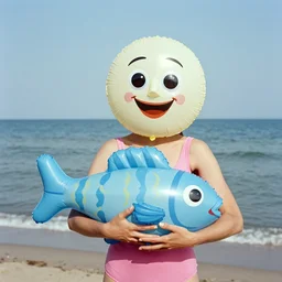 1976 woman wearing a happy squishy inflatable prosthetic mask with googly eyes, soft color wearing a swimsuit at the beach 1976 color film 16mm holding a an inflatable fish Fellini John Waters Russ Meyer Doris Wishman old photo