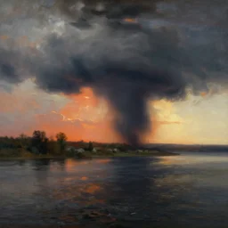 tornado on the river, sunset, by ivan aivazovsky,