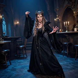 lomography, full body portrait photo of women like reol from a distance as a warlock wearing ornate gems and black robe in a medieval fantasy tavern interior, moody, realistic, dynamic perspective pose, light blue filter, skin tinted a warm tone, hdr, rounded eyes, detailed facial features