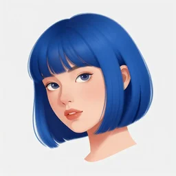 illustrated realistic tilted head portrait human female prong-horned with blue bob hair and solid black-eyes wearing strap leather armor, orange glow, backlit by rossdraws