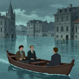 charon and a banker in a reaper boat in the river styxx with submerged buildings in the background