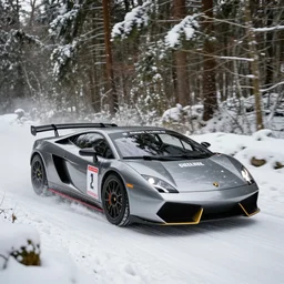 a 2 0 1 1 lamborghini gallardo lp 5 7 0 - 4 superleggera, racing through a rally stage in a snowy forest