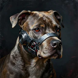 a beautiful pitbull head made of mech mask rendered in unreal engine, cyberpunk, dark scifi, painted by david burliuk, bernard buffet and carne griffiths