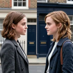 movie poster two parts : katie holmes at left, staring at emma watson at right, london baker street 2 2 1 b at background, inspired bbc sherlock movie, 8 k, cinematic, ultra detailed faces, octane render