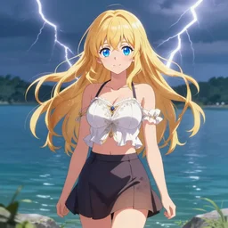 a very beautiful anime cute girl, full body, long wavy blond hair, sky blue eyes, full round face, short smile, fancy top, miniskirt, front view, summer lake setting, strong wind, cinematic lightning, medium shot, mid-shot, highly detailed, cinematic wallpaper by Stanley Artgerm Lau