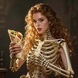 skeleton warrior fights with shawarma