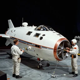 vintage photograph of advanced spacecraft being serviced by humans in 1 9 6 0
