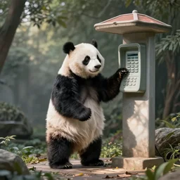 “a panda bear next to a phone station”