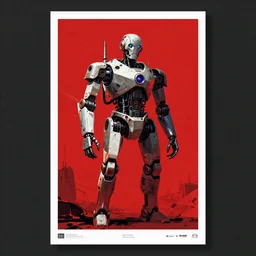 a poster of a robot standing in front of a red background, poster art by tim doyle, behance contest winner, shock art, poster art, apocalypse art, sci - fi