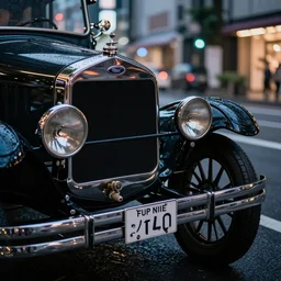 close up macro shot of a ford t car on wet tokyo street at night, intricate, hyper detailed, smooth, dramatic lighting, cinematic