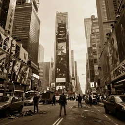 new york's time square abandoned after humans gone extinct, apocalyptic movie style, sepia lighting, 4 k, photorealist