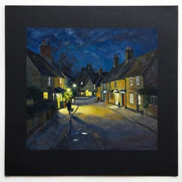 oil painting in a spellbook of a dark beautlful night, by charles vess on black matte very textured paper, english country village square