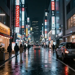 tokyo city street at night in the rain with neon signs, ultra detailed, photo realistic, trending on artstation, octane render, unreal engine 5