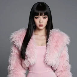 youthful female blade runner demure, perfect mascara, exquisite features, feminine cut, frontiers in flight pink fur jumpsuit,