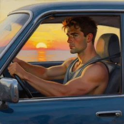 attractive man driving inside a car, sunset, painting by gaston bussiere, tom of finland, trending on artstation