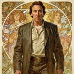Nicolas Cage as God of Massive Talent, epic, intricate, elegant, highly detailed, digital painting, 4k, HDR, concept art, smooth, sharp focus, illustration, art by alphonse mucha,artgerm, H R Giger