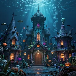 a horror based underwater suburban amusement park that incorporates halloween and ocean elements in its design imagery and features attractions as well as houses, halloween decorations, atlantis, amusement park, spooky, amusement park attractions, deep sea, horror themed, fun, in the style of stephen silver