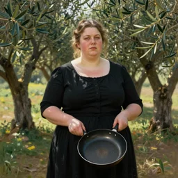 a fat lady dressed in black standing with a large frying pan in her hands surrounded by olive trees edward hopper