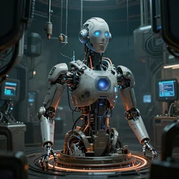 human experiment with machine high tech cyberpunk, prague, elaborate detailed classic sci - fi design, cinematic lights