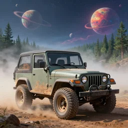 a dirty 1997 hardtop Jeep Wrangler off road, digital painting, beautiful iridescent fog swallows the dirty alien planet, planets can be seen in the sky above, in front of an amazing forest, gritty, cinematic, extraordinary colorful landscape, photorealistic, soft vintage glow, smooth