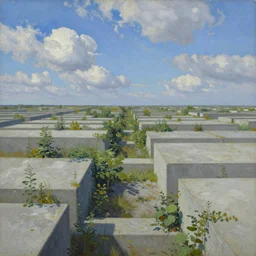 an endless flat world of concrete, overgrown with vegetation, blue sky with clouds, beautiful painting, oil on canvas, by Ewa Czarniecka, award winning masterpiece,