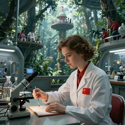 gorgeous soviet girl scientist making research at futuristic soviet scientific lab in amazonian jungle tree tops communist agitprop by ross tran, thierry doizon, craig mullins, ilya kuvshinov, artgerm, edward hopper, dan mumford, wlop, rutkovsky, carl spitzweg, moebius, unreal engine 5, lumen, nanite