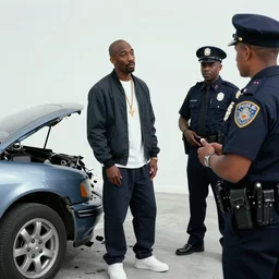 car crash, Tupac standing beside it. police interview.