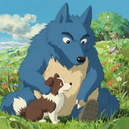 beautiful painting from the anime film by studio ghibli, a blue anthropomorphic wolf creature petting a tiny border collie , trending on artstation