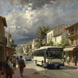 bus on a busy street, Ivan Aivazovsky, Christopher Balaskas, Noah Bradley, Albert Bierstadt, Jim Burns, Edwin Church, Frederic Thomas Cole, Brown Durand, Asher David Friedrich, Caspar James Gurney, Johnson Heade, Martin Raphael Lacoste, Ted Nasmith, Andreas Rocha, Christophe Vacher