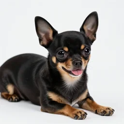 small black chihuahua with tan around her eyes and slightly large pointy ears and a tiny little tongue sticking out, lying in the grass field with a blue sky looking happy, surrounded by beautiful sunflowers flowers, trending on artstation, gorgeous sky, award winning digital art, 4 k,