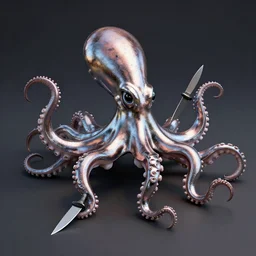 3 d render in blender of a shiny metal octopus with knives on the end of its tentacles