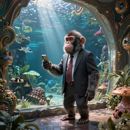 monkey in a business suit visiting an extremely detailed ornate stunning beautiful futuristic aquarium
