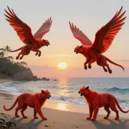 sunrise in paradisiacal bay next to winged red panthers, art, concept art, painting