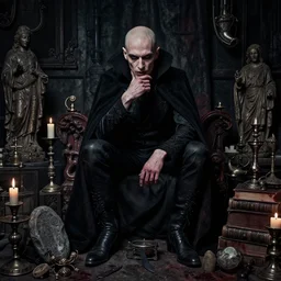 dark night portrait f / 1. 4 of a thin neurotic forty two year old british man vampire feeling confidant in a cluttered room full of ancient artifacts ( bald ) dark dusty statues runes magical arcane instruments candlesticks ritual stone knife books drapery bloody atmospheric hdr