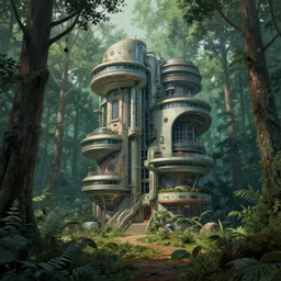 a strange looking building in the middle of a forest, a detailed matte painting by beeple, cgsociety, retrofuturism, matte painting, matte drawing, reimagined by industrial light and magic, cinematic
