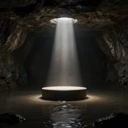 an empty pedestal with a beam of light shining down on it in the middle of a dark underground room, flooded, surreal, liminal,