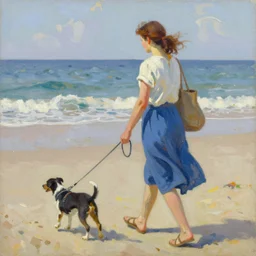 a painting of a woman walking her dog at the beach, in the style of gertrude abercrombie, digital art