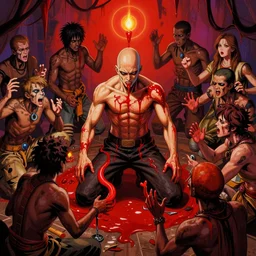 wan bald man surrounded by tweakers addicts performing ritual blood magick greg rutkowski artstation vivid color hdr