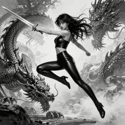 a nice looking girl with beautiful forms and skin-tight leather leggins jumping to fight a dragon with her sword, in style by hajime sorayama and boris vallejo, trending on artstation, 4K
