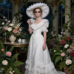 full body fashion model emma watson by Jeremy Lipking by Hasui Kawase by Richard Schmid (((smokey eyes makeup eye shadow fantasy, glow, shimmer as victorian woman in a long white frilly lace dress and a large white hat having tea in a sunroom filled with flowers, roses and lush fern flowers ,intricate, night, highly detailed, dramatic lighting))) , high quality