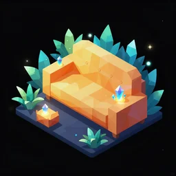 isometric object is a low poly isometric sofa with an alien aesthetic inspired by pandora in the avatar movie, it has bioluminescent plants growing around it, cartoonish style but with beautiful orange - yellow with blue hints and it's bedecked with some sparkling crystals. a dark place, night isometric ambient black background neon. behance, pinterest artstation hd hyper - detailed black background