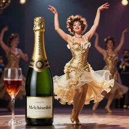vintage, melchizedek champagne bottle. cancan girl dancing, french, realistic, cheerful, belle epoque, absinthe robette