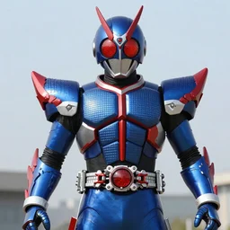 High Fantasy Kamen Rider, blue armor with red secondary color, 4k, glowing eyes, daytime, grid textured armor plating, rubber suit, dragon inspired armor