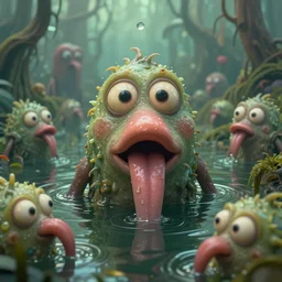 of an intricate murky hazy swamp with strange cute pudgy creatures with long tongue, huge eyes and big nose appearing from the waters, in the style of jeff koons, macro lens, shallow depth of field, highly detailed, digital painting, trending artstation, concept art, illustration, cinematic lighting, vibrant colors, photorealism, epic, octane render