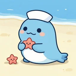 adorable cute painting of sanrio cute blue seal with a sailor cap playing with starfishes on the beach