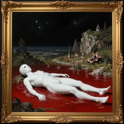 an all white human, with no facial features, like a white mask pulled over their face, full body laying in a blood red pool of water between a golden mirror frame, outside is space and inside the mirror frame is a beautiful landscape, rule of thirds, framed used golden ration, physically accurate, dynamic lighting, intricate, elegant, highly detailed, very very Roberto Ferri, sharp focus, very very unsettling, very terrifying, illustration, art
