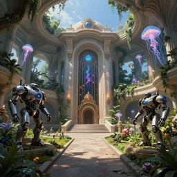 Futuristic police station with ((((beautiful and magical garden)))). By Frank Lloyd Wright, concept art, inrincate, sharp focus, digital painting, unreal engine, cgsociety, neoclassical, mech, robot, fractal flame, cinematic, jellyfish ambient, highly detailded