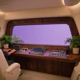 Film still of the bridge of a space ship, someone is using a control panel, huge viewscreen at front, control panels, dark walnut wood effect, pot plants, organic, white leather, high end interior, soft warm light, purple highlights, simple ceiling, soft edges, calm feeling, Cinestill colour cinematography, anamorphic, detailed, 4k, 8k, intricate, digital art, matte painting