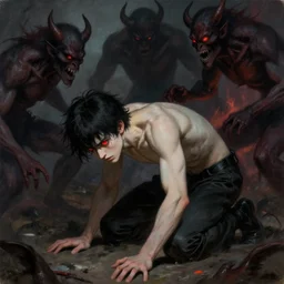 a young man with black hair and glowing red eyes crouched in the fetal position to fight off the demons in his head. By Ilya Repin and Geoffroy Thoorens