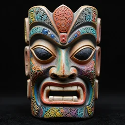 symmetrical tiki mask with eyes and mouth, black background, deep carving, colorful, psychedelic trip, patterns, fine mandelbrot fractal lace, 1 5 0 mm, soft rim light, elegant, hyper real, depth of field, sharp focus, ultra detailed, octane render, giger beksinski, 1 6 k